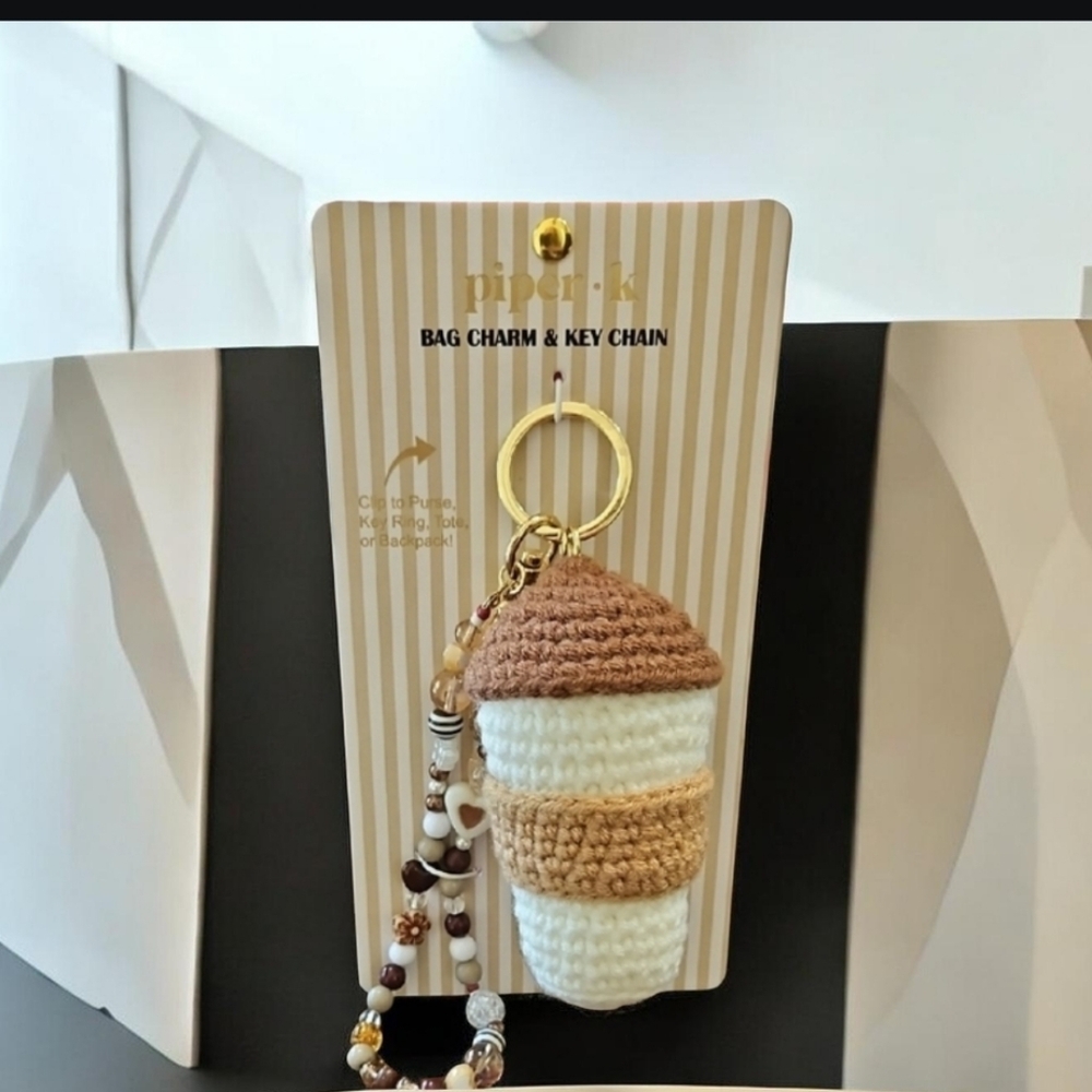 NWT Piper K Coffee Cup Crochet Brown Mixed Beads Bag Charm